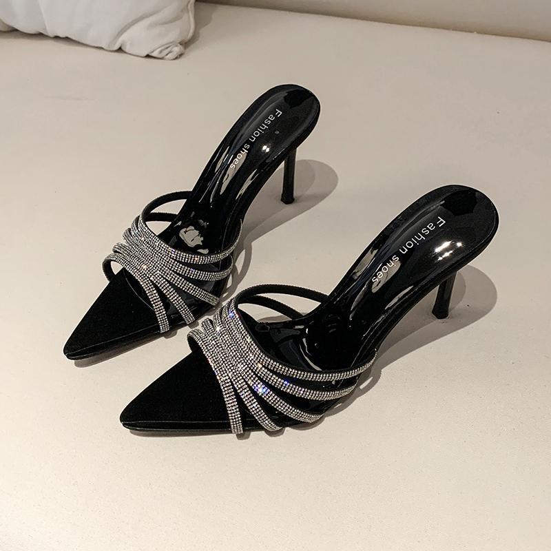 Sexy High Heels Slipper Women Summer CRYSTAL Narrow Band Pointed Toe Slides Stripper Party Sandal Mule Shoes