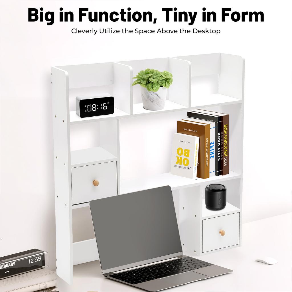 Desktop Bookshelf 9-Tier Storage Shelf, Modern White MDF Bookcase Organizer with Doors for Office,Study,Living Room,Holds 22lbs