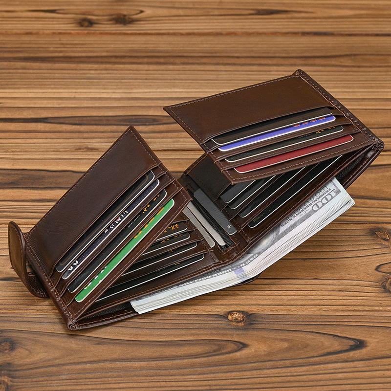 Genuine Leather Wallet, Snap-On Four-Fold Short Wallet, Men'S Short Wallet, Multi-Card Compartment, Multifunctional Two-Fold Wallet