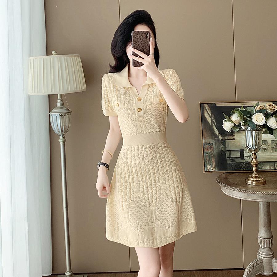 Women s French Elegant Lace-Up Ice Silk Knit Dress Slimming Hollow A-Line Dress S абрикосовый