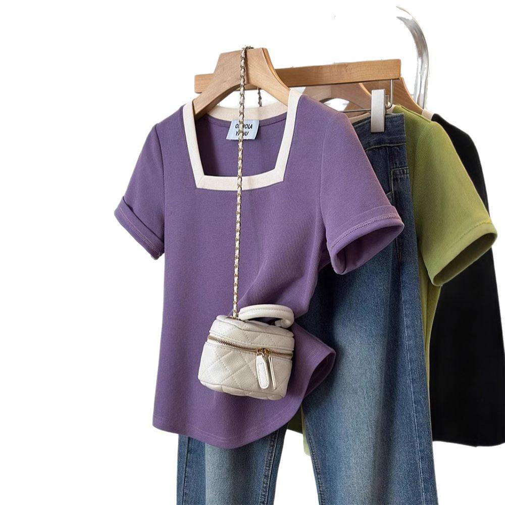 Plus Size Women's Stylish Square Neck Short Sleeve Summer T-shirt - Pure Cotton, Slimming, Up to 200 Jin.