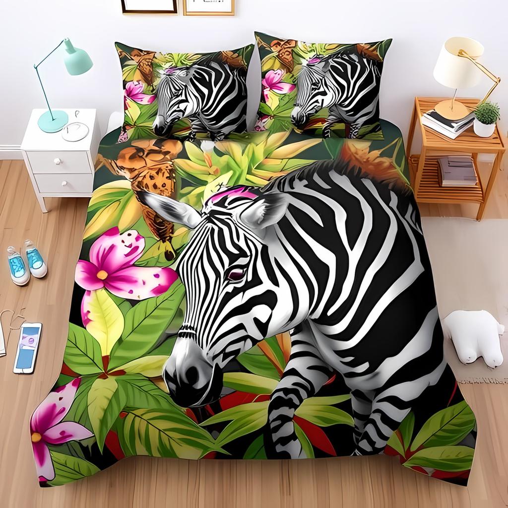 Vibrant Blue Zebra Print Duvet Cover Set Playful Stylish Bedding Suitable Children Kids And Adults Warm Soft And Breathable