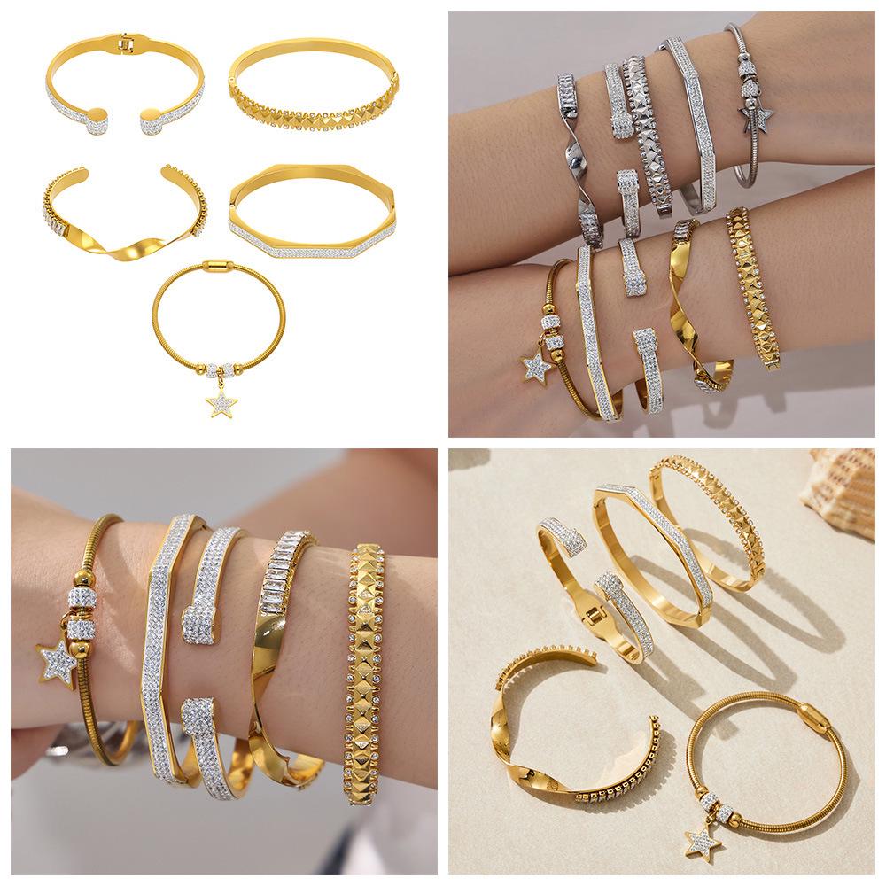 18K Gold-Plated Stainless Steel Zirconia Diamond Clasp Bracelet - European & American Fashion Knotted Irregular Light Luxury Style.