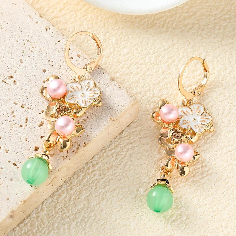 French Light Luxury Temperament Flowers Imitation Pearl Pendant Earrings Women's  Trend Party Jewelry Gifts