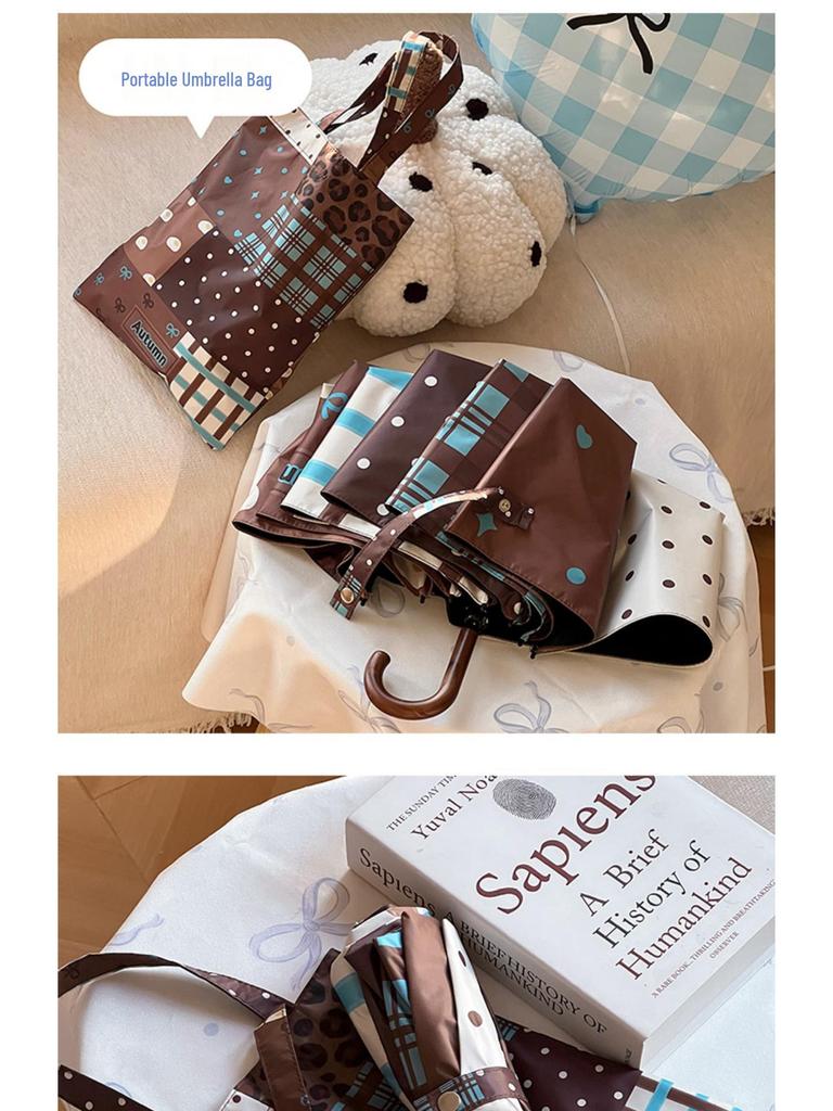 Korean Style Sun & Rain UV Protection Umbrella for Women - Manual Foldable with Curved Hook and Black Glue Sunshade