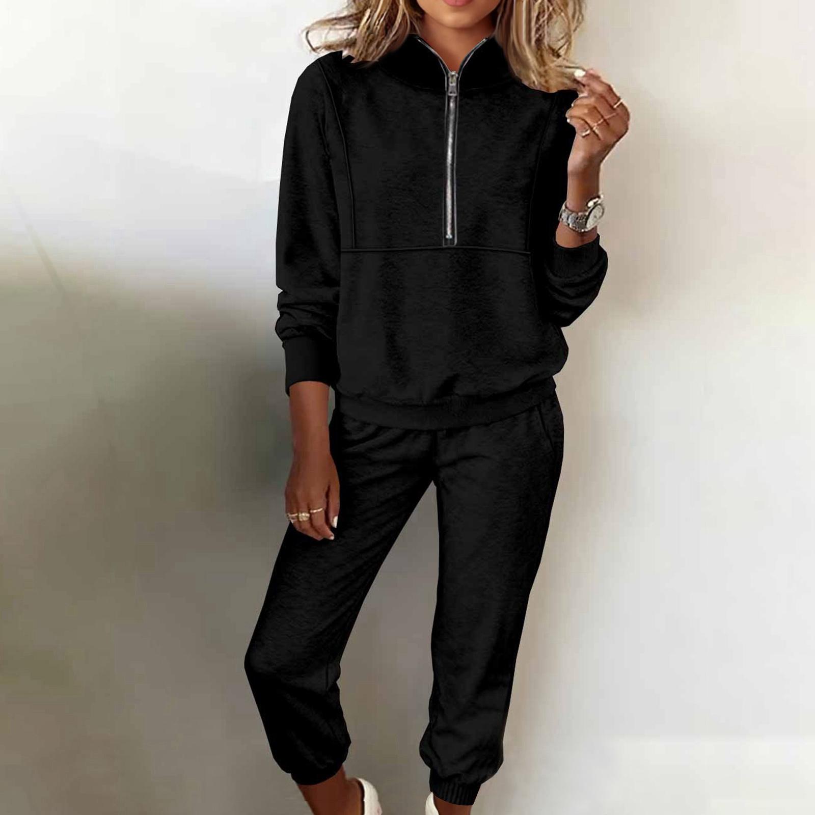 

Женский модный повседневный комплект из двух предметов: однотонный свитшот и брюки XL чёрный