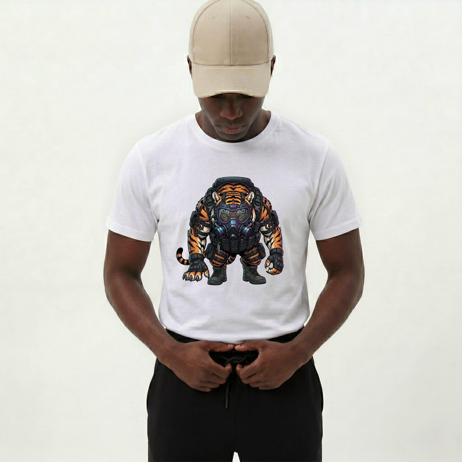 Tactical Tiger Streetwear Tee | Cyberpunk Animal Graphic Shirt | Urban Techwear Top | Gas Mask Tiger Apparel | Edgy Underground Clothing S