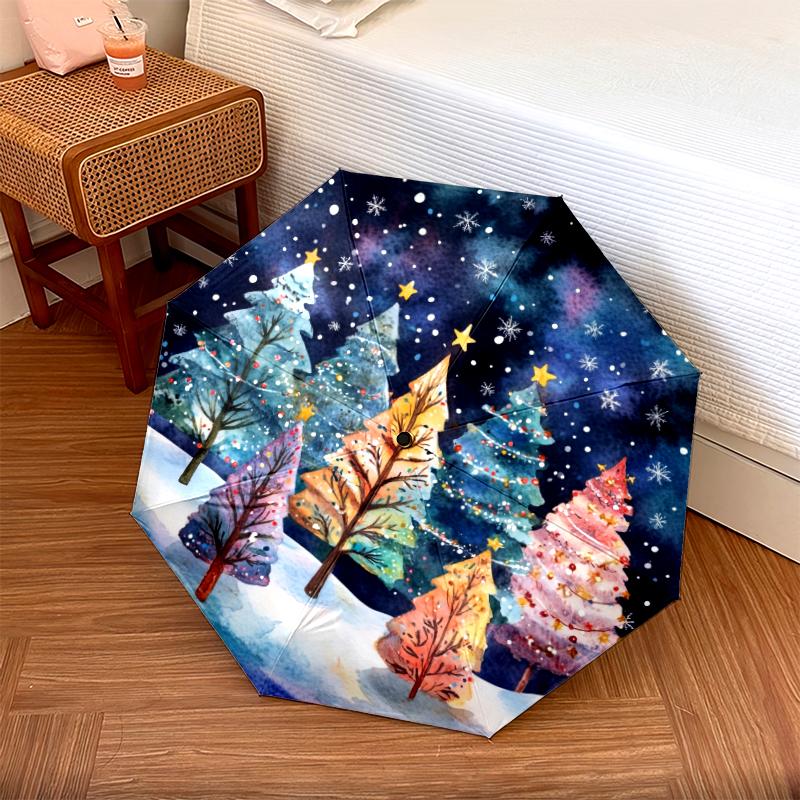 Christmas Tree pattern, automatic folding umbrella, portable and foldable design, 8 ribs, a Christmas or birthday gift.