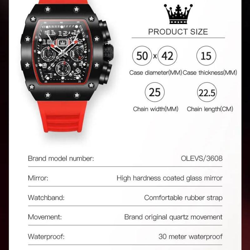 OLEVS Silikonarmband, wasserdichte Herren-Armbanduhr in Tonneau-Form, großes Zifferblatt, Sport-Quarzuhr, leuchtender Chronograph, Kalenderuhren