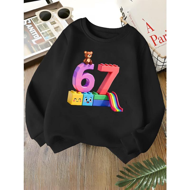 Kids Unisex Crewneck Sweatshirt, 3D Building Block Number 67 Cute Bear Rainbow Slide Print Soft Long Sleeve Pullover For Boys Girls Over 4 Years Old