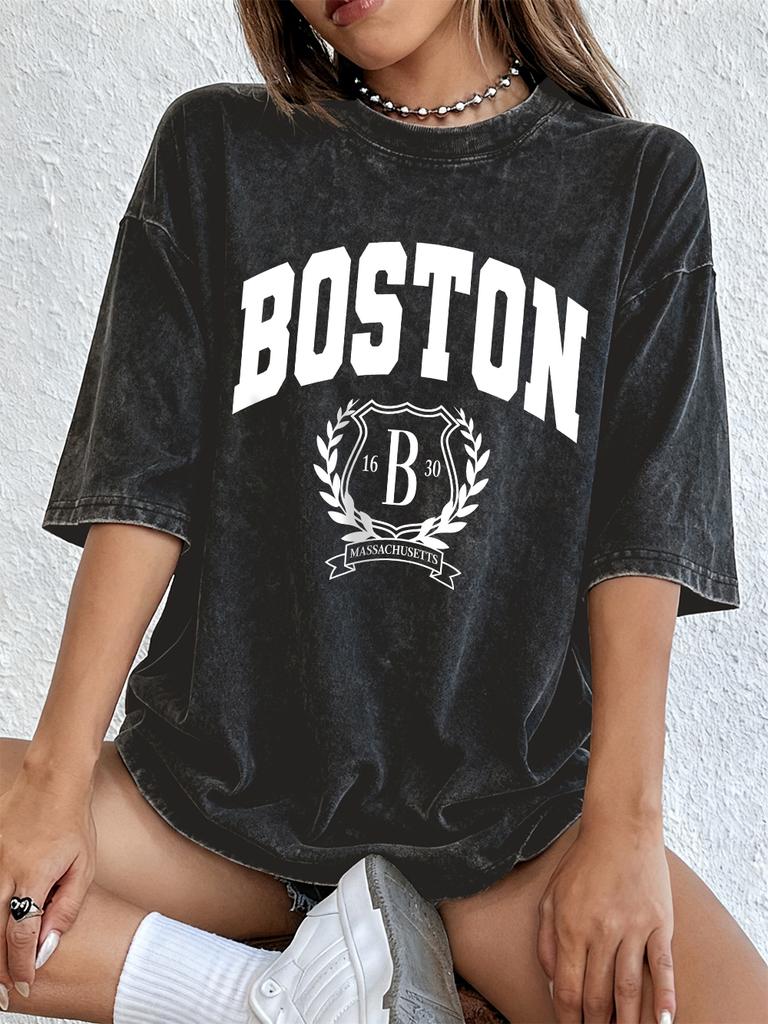 Boston Persönlichkeitsaufdruck Gewaschene T-Shirts Damen Baumwolle Oversize T-Shirt Lässig Weiche Kurzarm-Tops Sommer O-Ausschnitt Kleidung