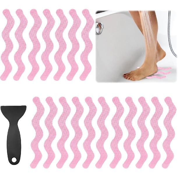 24PCS Bathtub Non Slip Stickers Blue Safety Anti Slip Shower Strips Adhesive Decals Scraper for Bath Tub Stairs Steps Floor Ladders with Premium