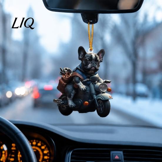 Novelty Puppy Gift for Friend Riding Motorcycle Car Pendant, 2D Flat Acrylic Rearview Lightweight Backpack Keychain Mirror Hanging Charm, Christmas