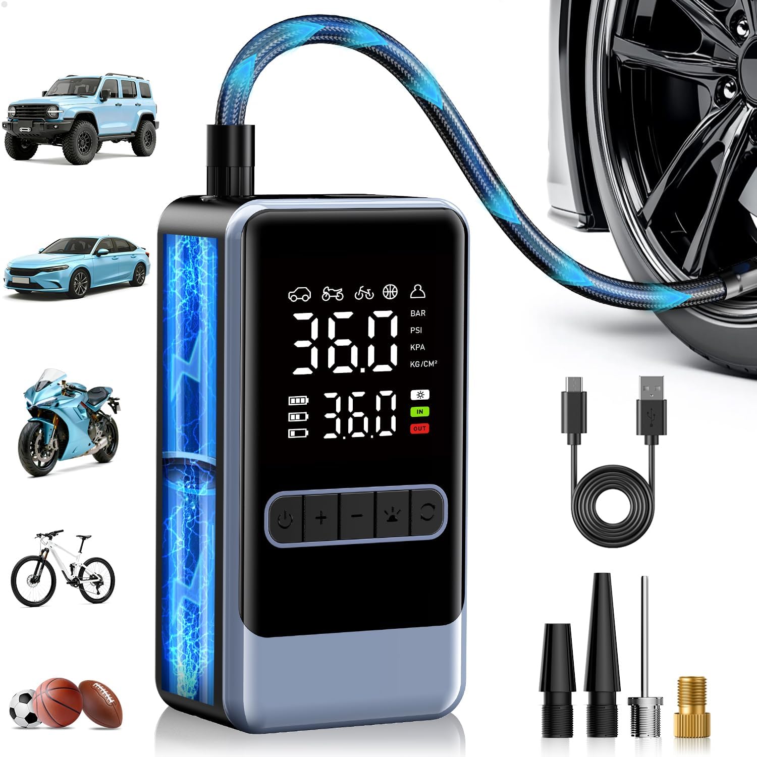 

Tire Inflator Portable Air Compressor - 150PSI Cordless Air Pump for Car Tires, Portable Tire Inflator for Car, Air Compressor with Pressure синий