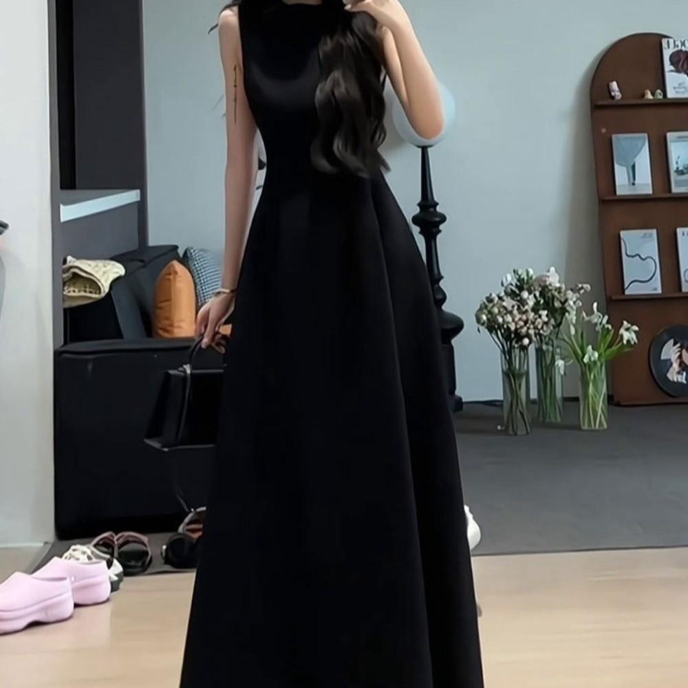 Sleeveless Vest Solid Color Long Skirt Temperament Women Korean Dress Sleeveless Long Dress  Party