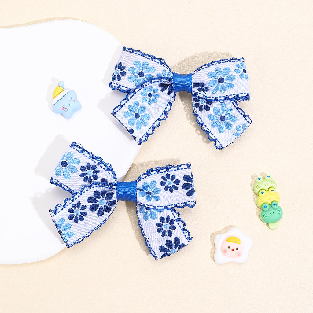 Cobalt Blue Floral Hair Clips Porcelain Color Flower Embroidery Bow Hair Brooches For Girls Children's Hairdressing Accessories