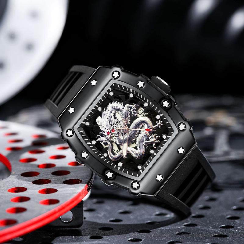 2024 Herren Tonneau Silber Drache Quarz Uhr: Lässig, Sportlich, Leuchtend, Wasserdicht, Vollautomatisch.