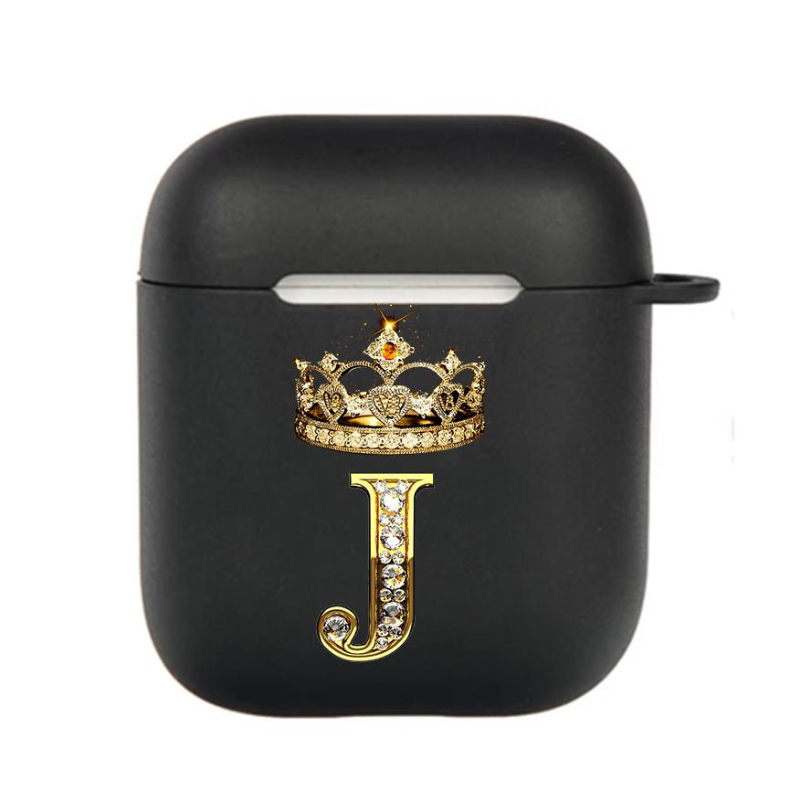 Diamond Crown Letter 26 With Hook Case For AirPods 2 3 1 Cases For Apple AirPods Pro 2 Coque Black TPU Soft Earphone Cover