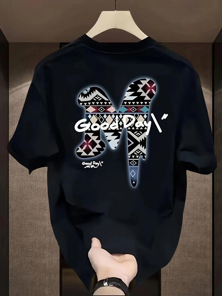 Men's Summer 100 Cotton Fashionable Casual Sports Loose Oversized Creative Letter M Printed Round Neck Short Sleeved T-shirt Top