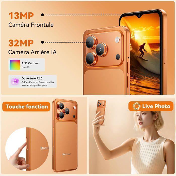 Refurbished - BLACKVIEW WAVE 7C Smartphone 6.56" 16Go(4+12) + 64Go/jusqu'à 2To 5000mAh Android 16 32MP Téléphone portable 4G Double Sim GPS Orange
