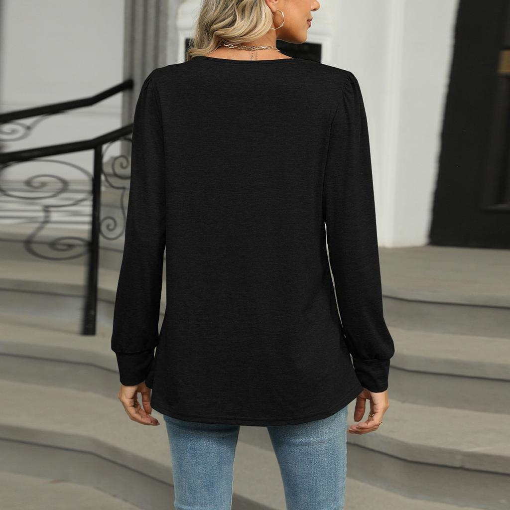 Women's Fashionable Solid Color U Neck Long Sleeved Loose T-shirt Top