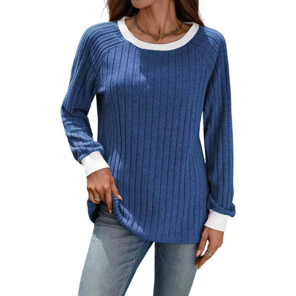 Women's Autumn and Winter New Round-neck Contrasting Color Long-sleeved Striped Sweater T-shirt