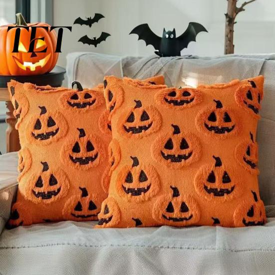 Cute Halloween Living Room Accents Plush Pumpkin Cushion Cover, Throw Pillow 18 X Inch Modern Minimalist Home Decor Ghost Soft Case for Spooky Season,