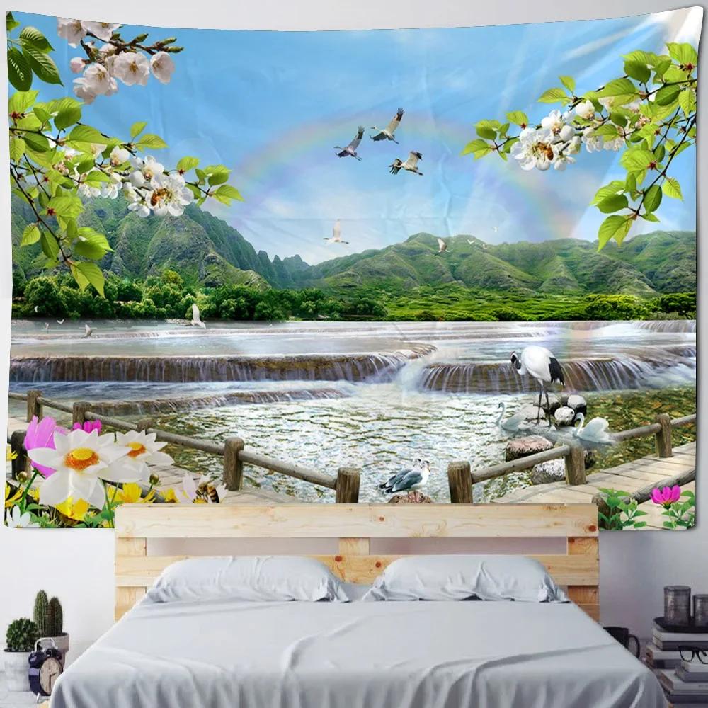 Schöne Waldwasserfall-Wandteppich Wohnzimmer Stoff Wandbild Heimdekoration Wandtuch Strand Picknick-Tischdecke Schlafmatte
