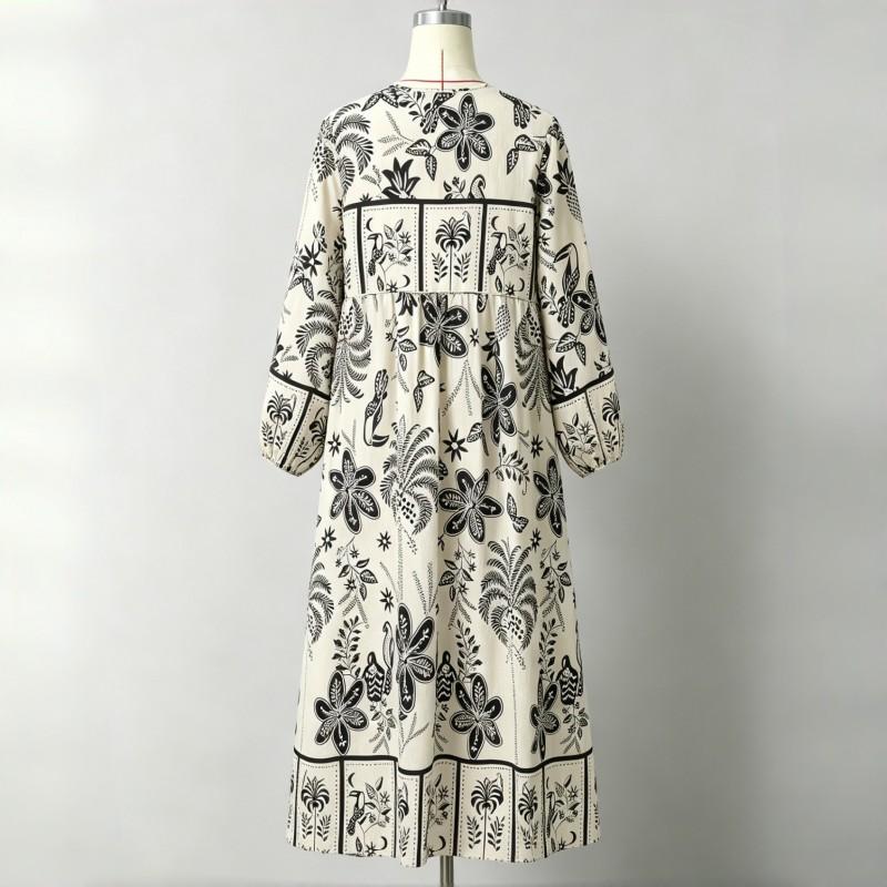 Bohemian Floral Print V-Neck Linen Blend A-Line Maxi Dress With Tie Waist Lantern Sleeves