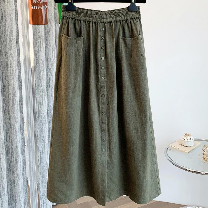 Spring and Summer Cotton and Linen Literary Skirt Retro Simple Mid-length Elastic Waist A-line Skirt