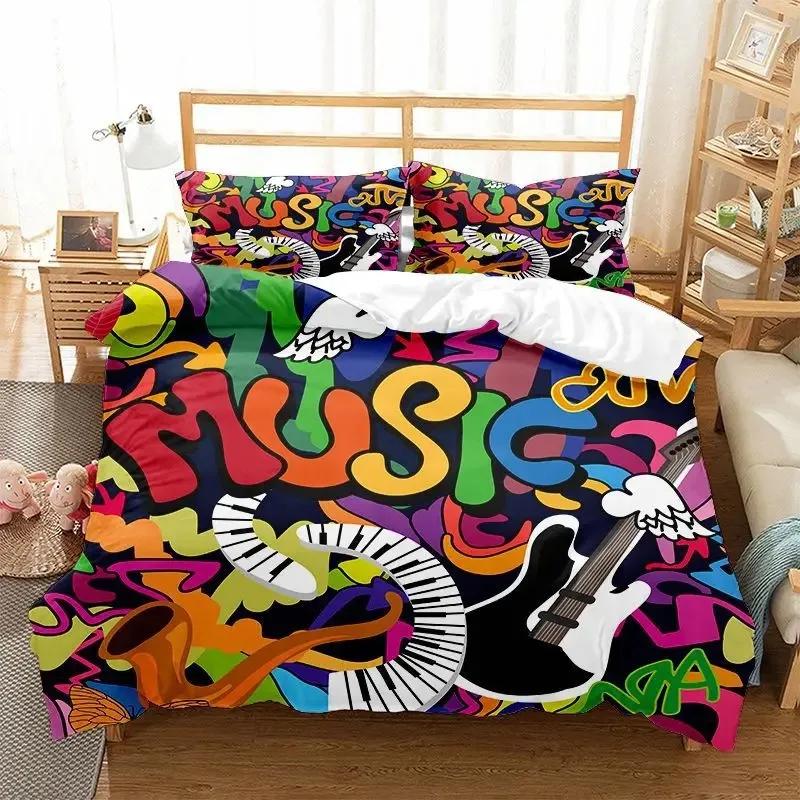 Graffiti Duvet Cover Set Cute Hip Hop Style Polyester Comforter Cover with Pillowcase Queen Full Size for Kid Teen Bedding Set