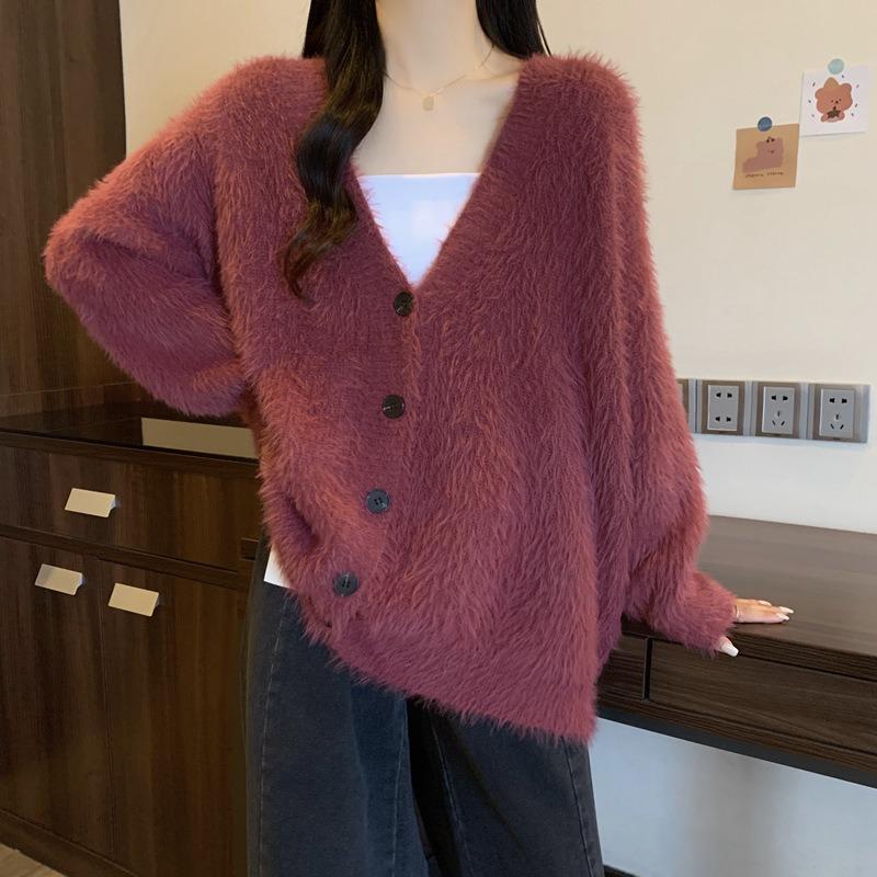 Soft Waxy Solid Color Gentle Wind Imitation Mink Velvet V-neck Knitted Cardigan Women's Autumn and Winter New Loose Lazy Sweater Jacket