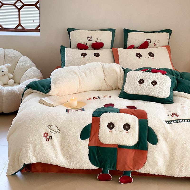 Winter Cartoon Cute Style Double-sided Buvet Cover Thickened Lamb Fleece Four Piece Set Coral fleece Duvet Cover Plush Bedding