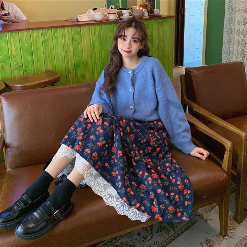 Neuer japanischer Mori Girl Damen Midirock Hohe Taille Marineblau Braun Blumenrock mit Spitzenrüschen Vintage Eleganter Cordrock