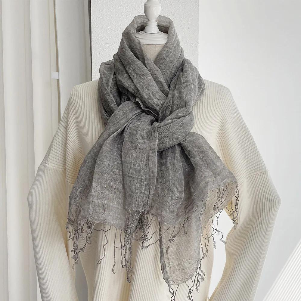 Summer Sunscreen Linen Scarf Women'S Solid Tassel Shawl Art Forest Japanese And Korean Linen