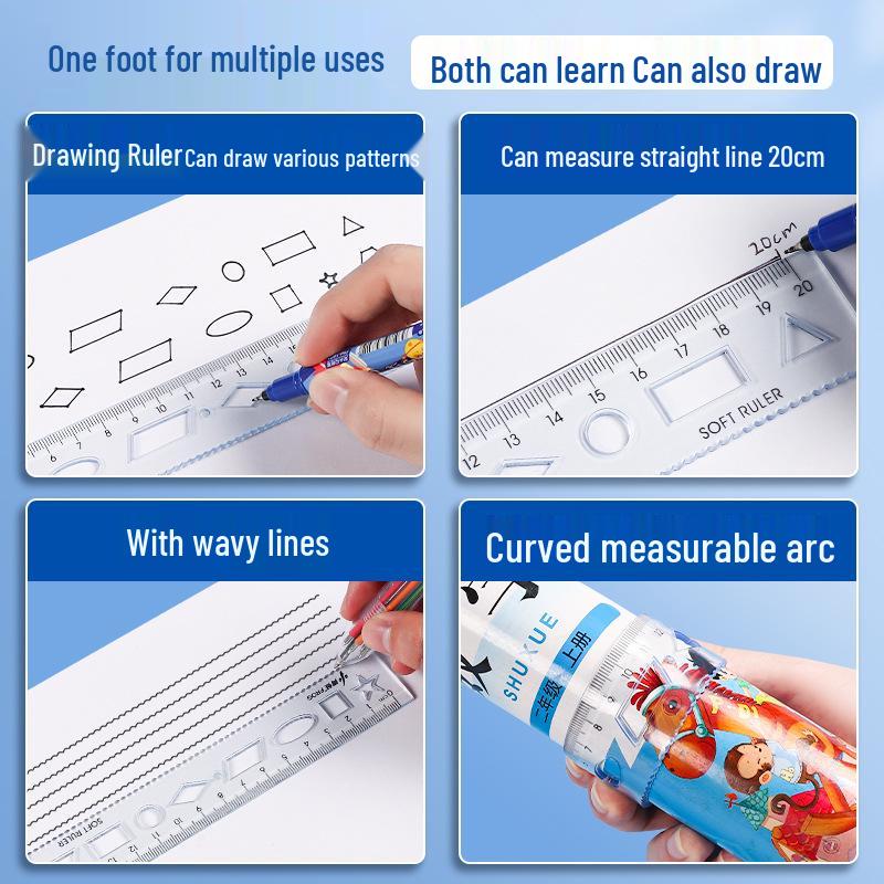 Riglă Moale Multifuncțională – Ondulată și Dreaptă, 15cm/20cm, Plastic Transparent pentru Elevii din Clasa I