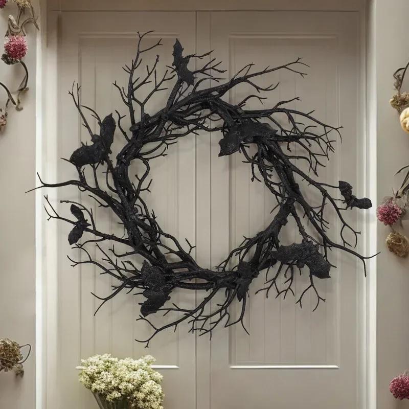 2025 New 45cm Halloween Wreath Bat Black Branch Wreaths With Red LED Light Wreaths For Doors Window Flower Garland Halloween Dec