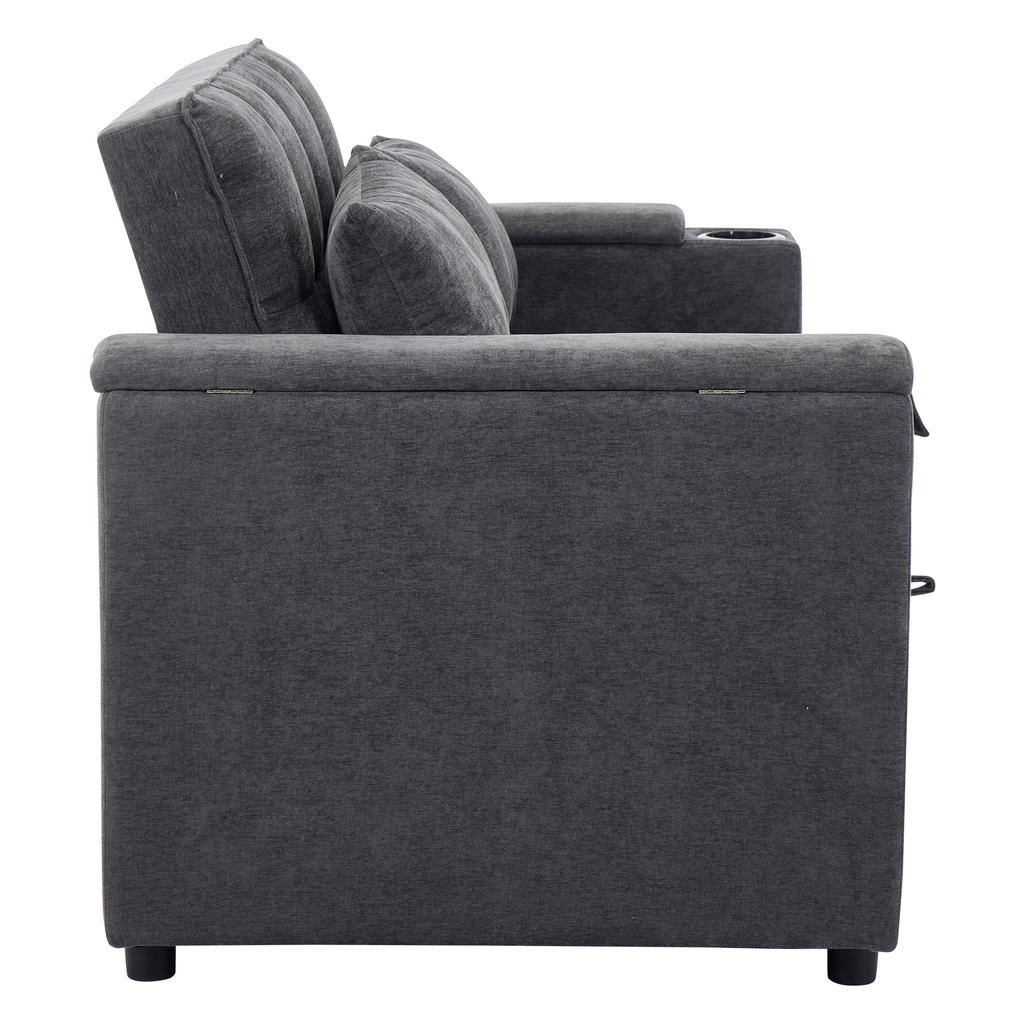N625P352301302303G) Sleeper Sofa 3-in-1 Pull-out Sofa, Adjustable Backrest, USB Port, 2-Seater Sofa Daybed, with Hidden Table, Cup Holder, Grey