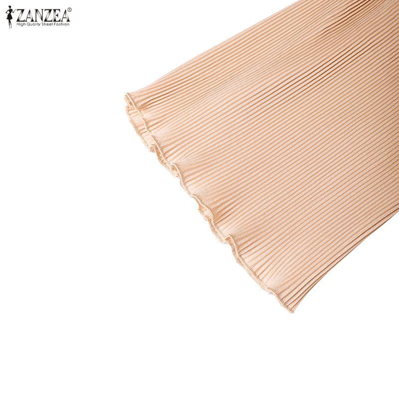 ZANZEA Women Turn Down Collar Loose Casual Long Sleeve Pleated Long Dress