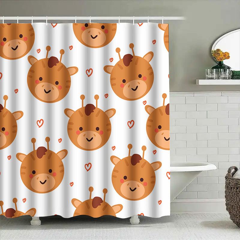 Cute Cartoon Giraffe Shower Curtain For Children'S Bathroom Decor White Background With Red Hearts Pattern Made In China (White)