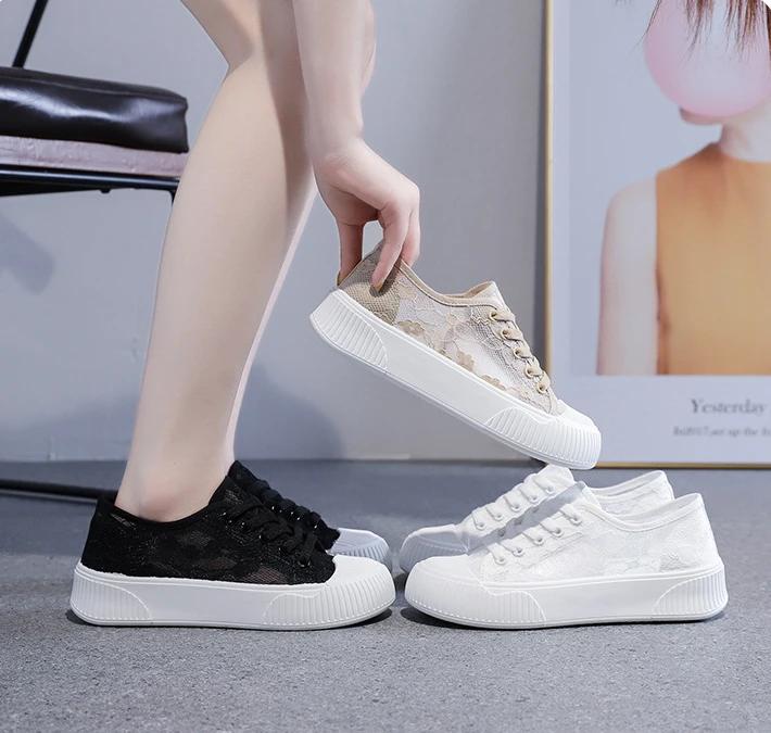 Fashion Summer Women Lace Casual Shoes Woman Mesh Breathable Sneakers Flats Comfort Shallow Platform Floral Loafers Walking Black Shoes