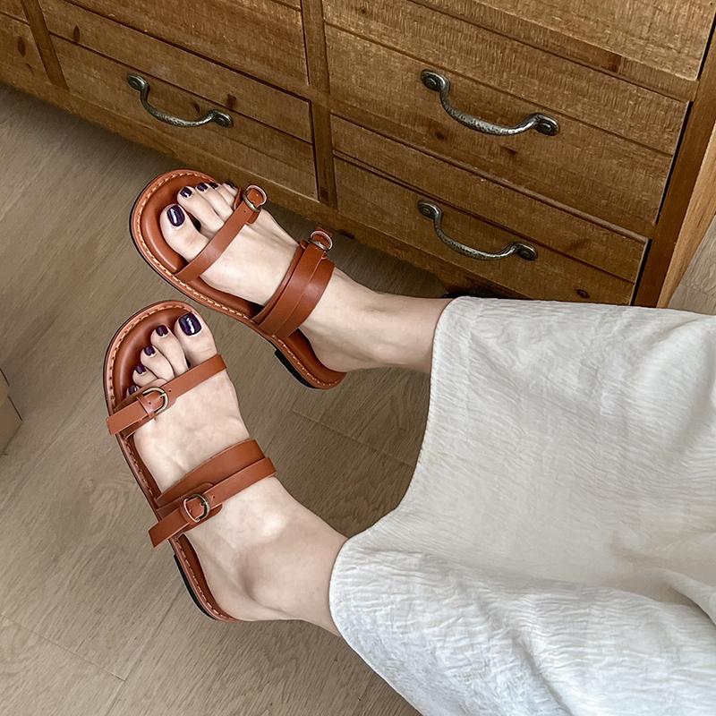 Summer Beach Slippers for Woman Casual Outdoor Black Buckled Strap Female Flat Shoes Soft PU Leather Chic Ladies Slides