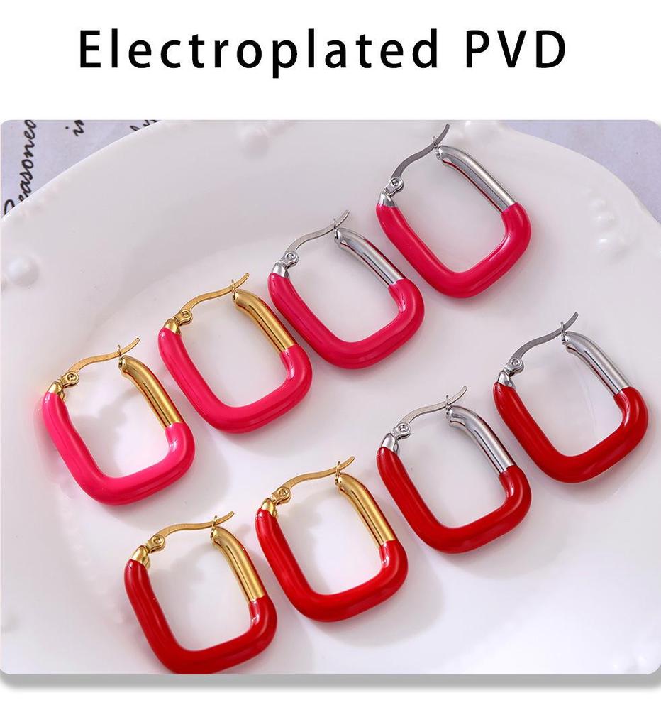 Qiong Yao European Style U-Shaped Gold-Plated Enamel Drop Earrings for Women - Trendy, Stainless Steel, Color-Preserving.