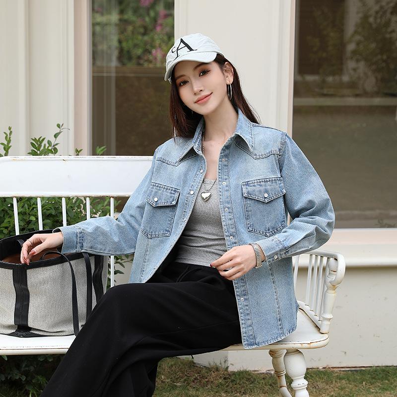 Korean Washed Denim Shirt Jacket Women's Spring New High-end Casual Stacked Shirt Long-sleeved Thin Top