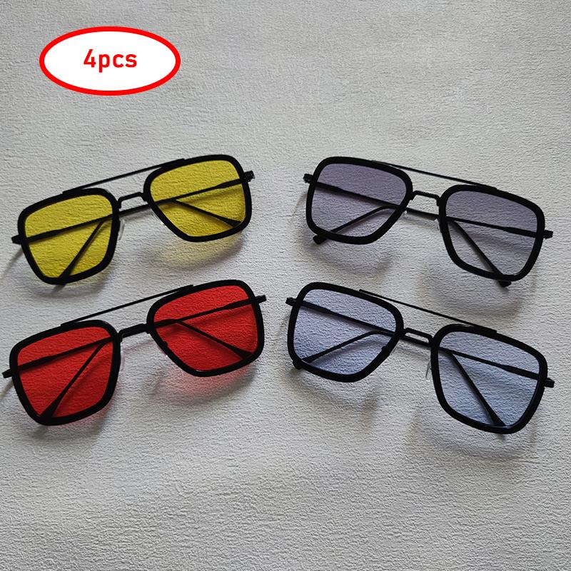 4pcs Square Sunglasses For Men Women Trendy Double Bridges Unisex Sun Glasses Fashion Summer Outdoor Shades Eyewear Accessory