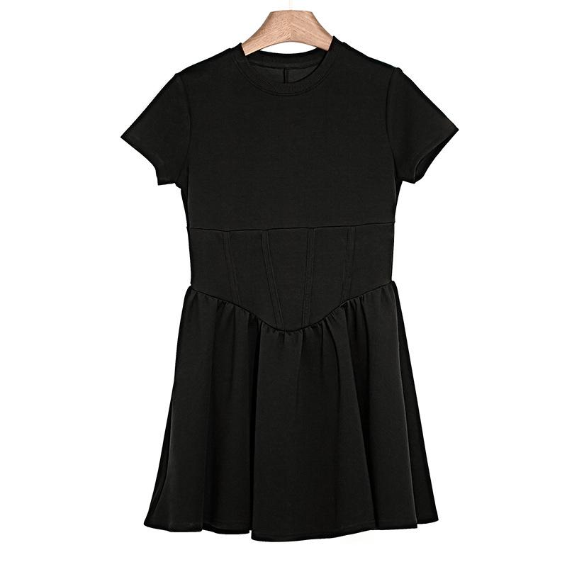 Square collar fishbone pinched waist small black dress summer dress women's waist small fat and thin spring and summer Hepburn dress