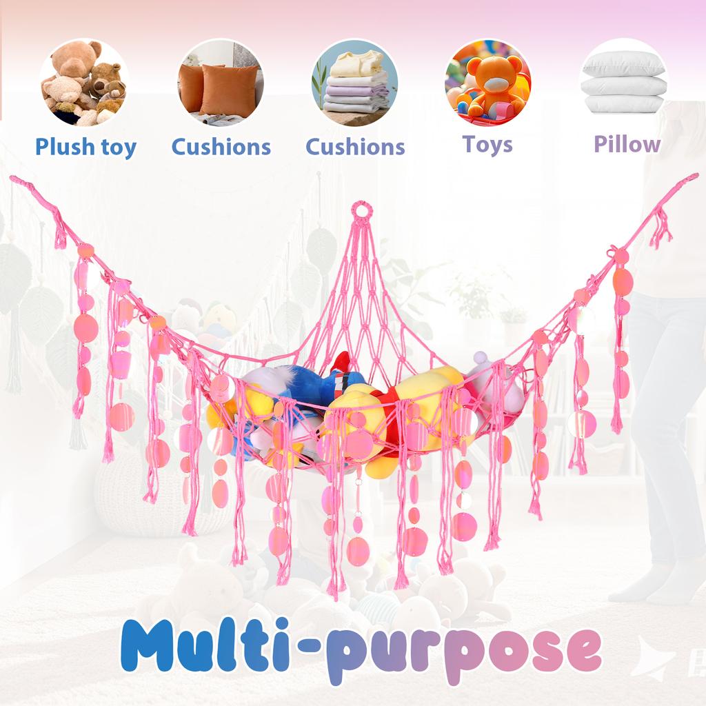 Stuffed Animal Hammock with LED Lights Wall Corner Hanging Plush Toy Storage Net Woven Cotton Rope Kids Nursery Decor