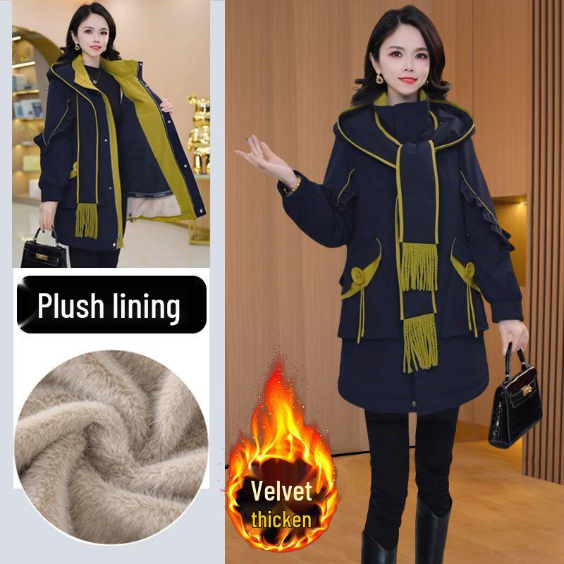 

Cai Xuan Plus Size Fleece-Lined Trench Coat for Middle-Aged Women - Stylish Winter 2025 Jacket L (105-115 lbs) тёмно-синий