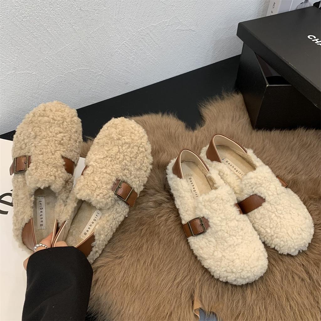 Mao Mao shoes women wear new winter velvet warm one pedal bean shoes lamb wool cotton shoes