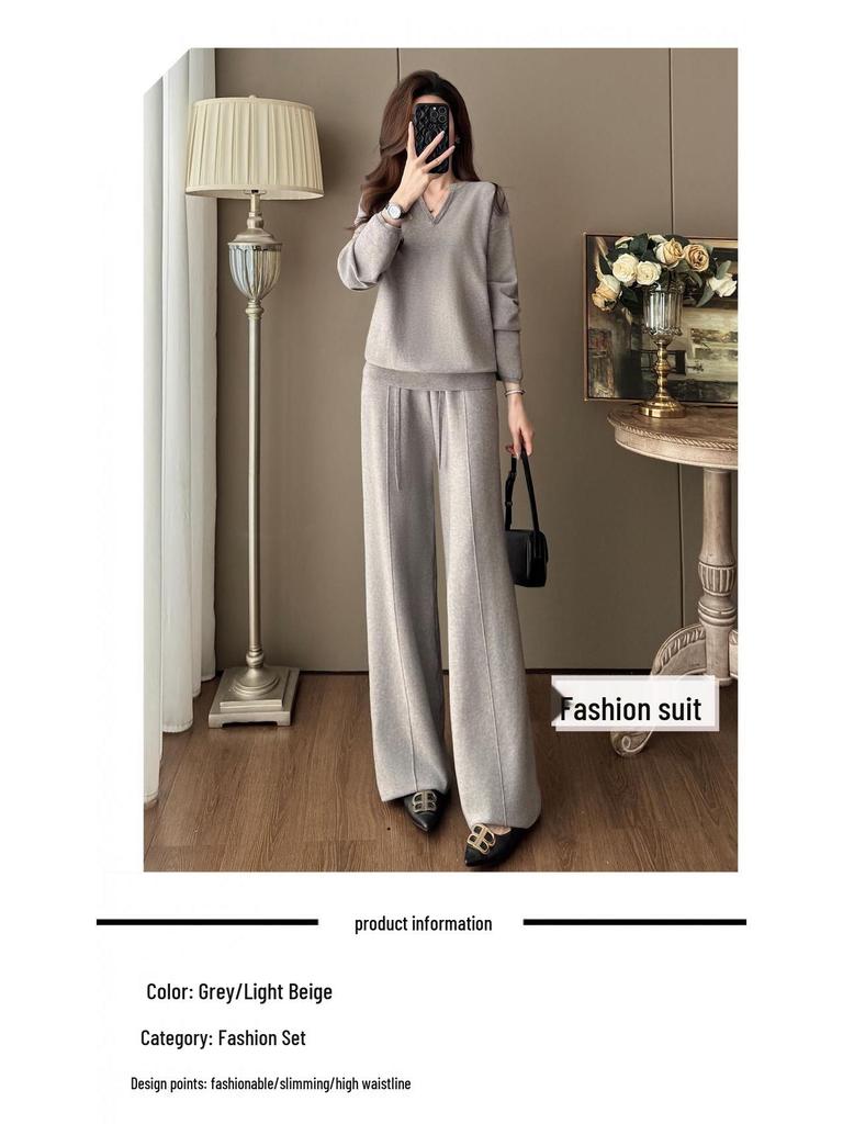 Women's V-Neck Knit Set - Autumn Fashion, Solid Color Two-Piece Trousers and Top